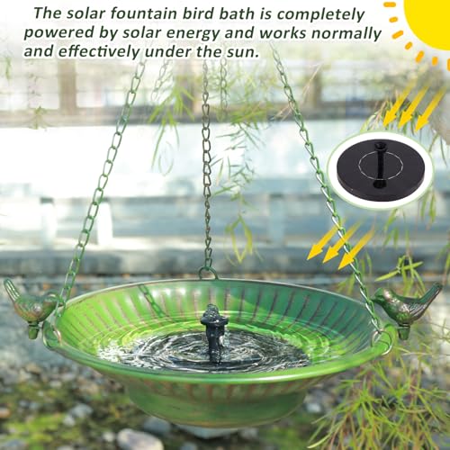 13" Hanging Bird Bath with Solar Fountain,Metal Solar Bird Bath (Green) | Hanging Solar Bird Bath,Birdbath Bubbler ,Hanging Bird Bath for Outdoors Garden, Patio & Yard.