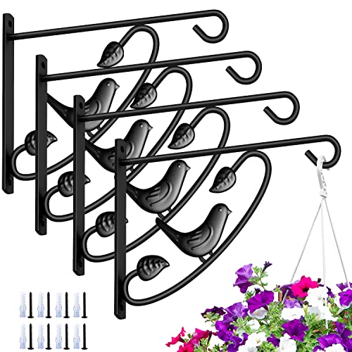 AMAGABELI GARDEN & HOME 4 Pack Hanging Plant Brackets Outdoor 12 inch Metal Fence Wall Plant Hanger Hooks for Hanging Flower Baskets Bird Feeders Lanterns Wind Chimes Rust-Resistant Black - size: 12 Inch, style: 4-Pack Bird 2 Hook
