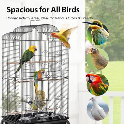 Extra Large 60'' Multi-Level Metal Bird Cage – Detachable Rolling Stand, Storage Shelf, 4 Access Doors, Removable Tray, Perches, Food Bowls – Spacious Flight Cage for Parrots, Parakeets,