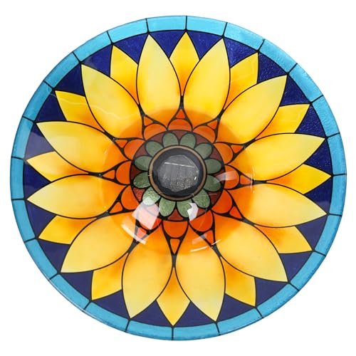 MUMTOP Outdoor Glass Bird Bath Solar Birdbath with Metal Stand Garden Decor | 18" Diameter 21.65" Height Outdoor Bird Baths for Lawn Yard Decor, Solar Large Birdbath Sunflower Bird Feeder - color: Yellow