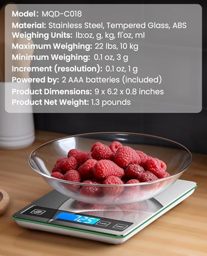 Food Scale 22lb Digital Kitchen Scale for Cooking Baking | 1g/0.1oz Precise Graduation, Backlit LCD, Tare Function, Weight Grams and oz, Easy Clean Stainless Steel and Tempered Glass - color: Silver