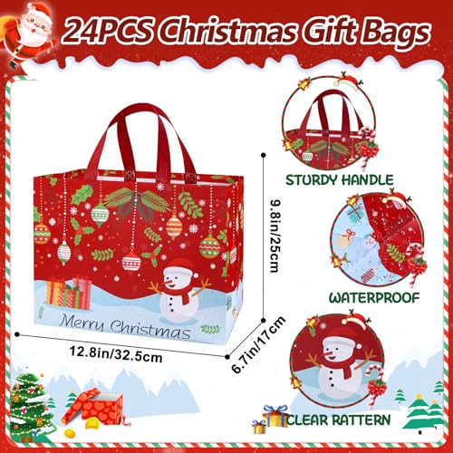 Bszatan Christmas Gift Bags with Handles,24 Pack Large Reusable Tote Bags,Non-Woven Christmas Bags for Wrapping Xmas New Year Party Favors, 12.8"x9.8"x6.7" - color: Christmas Bag 24 PCS