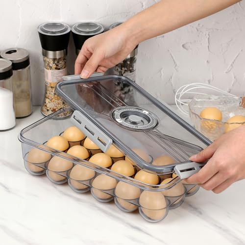 BTSKY Premium Plastic Egg Holder for Fridge - 18 Count Egg Container for Refrigerator, Egg Organizer, Plastic Egg Storage Box with Time Reminer and Lid- Reusable Egg Carton Tray Stackable - size: Small-hold 18 eggs