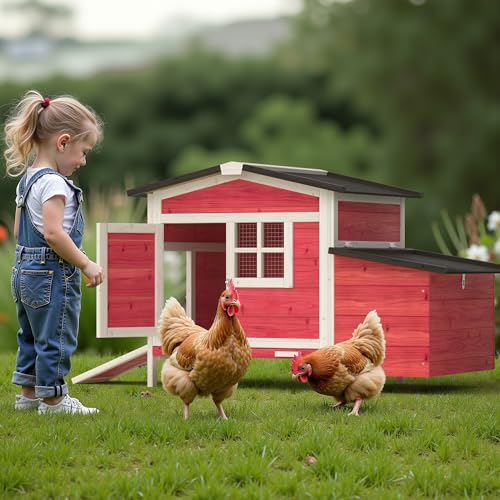 GOJOOASIS Chicken Coop for 2 Chickens Raised House with Ramp & Nesting Box | Outdoor Wooden Hen House for Small Animals, Backyard Chicken Hutch Poultry Cage, Waterproof Roof, Easy-Clean Tray, Red - color: Red