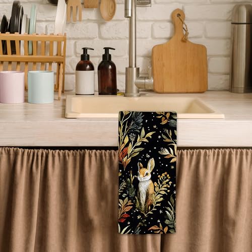 Dark Cottagecore Mushroom Kitchen Towels, Fox Bunny Botanical Hand Towels for Bathroom, Vintage Whimsical Mushroom Dish Tea Towel for Farmhouse Kitchen Decor, 16x24 Inch - color: Fox Floral