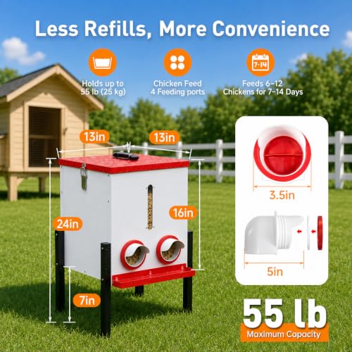 PETNF 55LB Automatic Chicken Feeder, 40L Metal No Waste Poultry Feeder with Rat-Proof Design, 4 Feeding Ports, Weatherproof Locking Lid, Height-Adjustable Legs for Chickens, Ducks and Geese