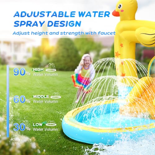 Bonnlo Inflatable Water Bounce House with Slide, Inflatable Water Slide with Sprayer and Pool, Duck Shaped Backyard Water Park for Kids Ages 3-10, Equipped with Blower, Heavy Duty