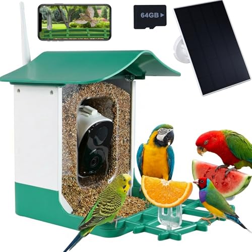 Ceeyali Smart Bird Feeder with Camera and 64GB Memory Card, 2K HD Video & Photo Live View, Solar Powered Panel, AI Birds Identification, 2.4G WiFi, 2.1L Seed Capacity (F2A Green) - color: F2A Green