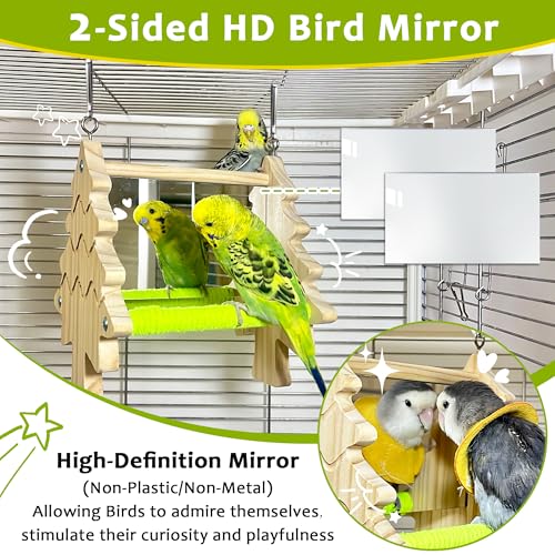 2-Sided HD Bird Mirror Toys, Cotton-Wrapped Parakeet Perches Swing | Kiln-Dried Wooden Frame Hanging Parrot Swing for Cages, No Sharp Edges, Safe Bird Toy for Budgies Lovebirds Cockatiels