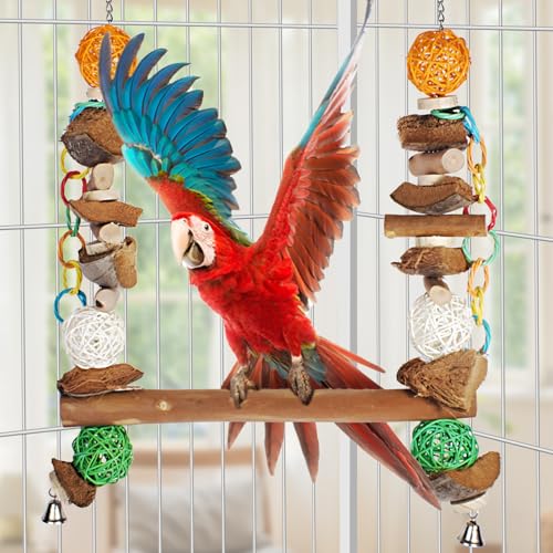 3-in-1 Parrot Toys Natural Coconut Fiber Parrot Hammock (Swing + Perch + Chew Toy) Natural Bird Perches for Medium Large Birds - 23" Bird Toys for Parrots Stand - color: Bird Stand