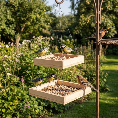 2 Pack Bird Feeder Platform 2 Tier Large Bird Feeder for Outdoors 10 Lbs Capacity in Total Natural Wood Hanging Tray for Garden Yard Outside Decoration Attracting for Wild Birds