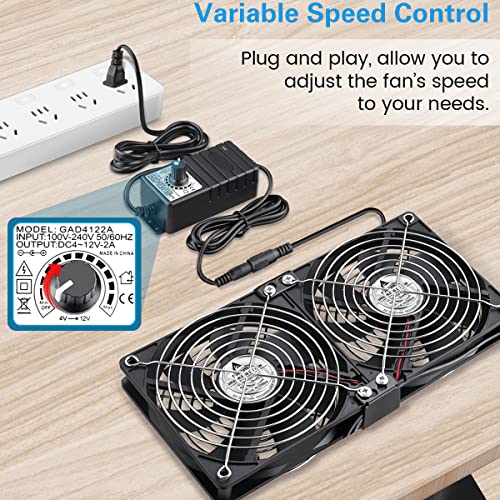 GDSTIME Dual 120mm AC Powered Fan with Variable Speed Controller 110V 120V | 2x120mm 240mm Computer Fan with AC Plug, for RV Fridge, Server Cabinet, Grow Rack, DIY Cooling Ventilation Exhaust Projects - size: 2x 120mm fan