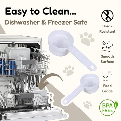 1/2 Cup Dog Food Scoop, Extra Long Handle Sturdy Melamine Pet Food Measuring Scoop with Clear Marking Lines, BPA-Free, Shatterproof, Dishwasher Safe (White, 1/2 Cup) - color: White, size: 1/2 Cup