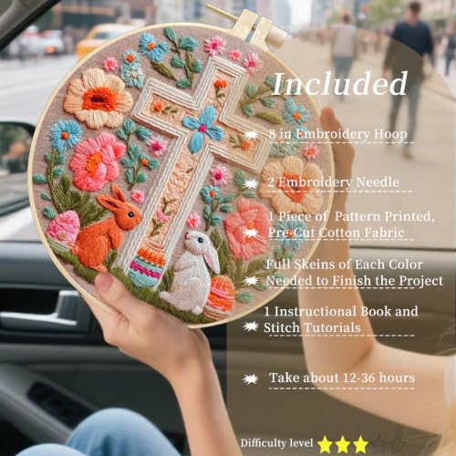 FONNUY Easter Rabbit Floral Cross Embroidery Kit, Easter Egg Happy Rabbits Bunny Stamped Pattern Kits for Audlt Beginners, Hand Works Crafts, 8 x 8'' (Happy Bunny 03) - color: Happy Bunny 03