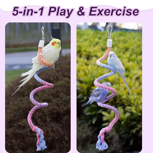 31.5" Bendable Bird Perch Cotton Rope Rainbow Bird Toy Twistable Ladder Swing Chewable Gym for Parakeets Cockatiels Conures Lovebirds