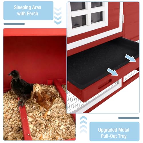 Large Chicken Coop with Run, Mobile Chicken Tractor with Wheels, Wooden Hen House with Waterproof Roof, Nesting Box and Pull-Out Tray, Poultry Cage for 4 Chickens, Rabbit/Bunny Hutch (Red) - color: Red
