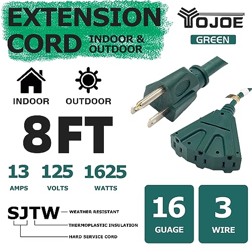 YOJOE 3-Outlets Indoor Outdoor Extension Cord, 3 Prong 13A Weatherproof Power Cord Multiple Outlets, 16 Gauge Heavy Duty 8 ft Green Extension Cord for Garage, Garden, 16/3 SJTW UL Certified - color: Green, size: 8 Foot, style: Standard