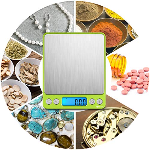 AMIR Digital Kitchen Scale, 500g-0.01g Mini Pocket Jewelry Scale, Cooking Food Scale with Backlit LCD Display, 2 Trays, 6 Units, Auto Off, Tare, Stainless Steel (Battery Included) - color: Green