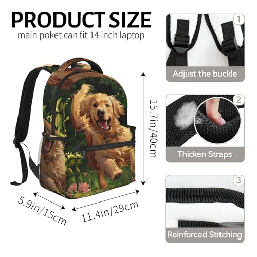 Running Golden Retriever Backpack for Women Teen Girls School Laptop College Playful Dog in Forest with Flowers Backpacks for Gifts Travel Hiking Work Camping, Polyester Lightweight Bookbag Back Pack - color: Golden Retriever27