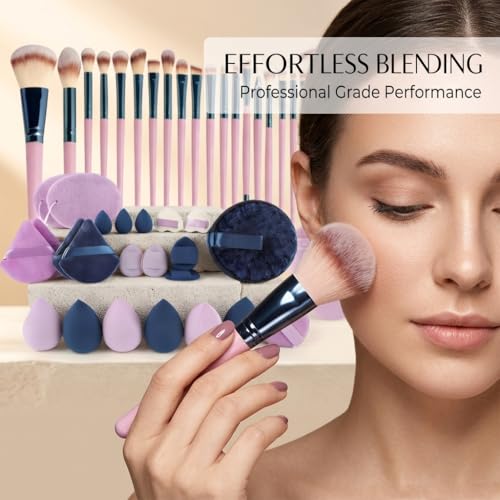 45 PCS Purple Makeup Brush Tools Set, Cosmetic Brush Sponge, Puff, Headband, Brush Cleaning Bow Set, Facial Makeup, Cleaning Accessories, Makeup Products, Valentine Day Item - color: Purple-45PCS