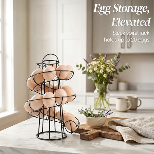 Flexzion Egg Skelter Modern Spiral Egg Holder Countertop (Medium Egg Display) - Freestanding Wired Countertop Egg Holder for Fresh Eggs, Dispenser Stand, Storage Rack for Kitchen, Black | Wire Chicken Egg Basket and Rotating Skelter Rack for Fresh Egg Sto