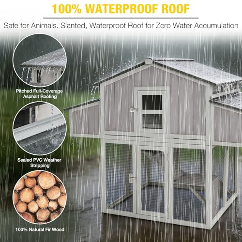 Aivituvin Large Chicken Coop for 4-6 Chickens, Raised Outdoor Wooden Chicken House with Unique Folding Design, 2 Nesting Boxes, Easy Clean Pull-Out Tray, Waterproof Asphalt Roof - Grey - size: 69.8"L x 42.0"W x 54.6"H