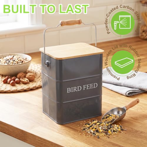 Metal Bird Seeds storage container,Outdoor Bird Container Canister, Pet Food Bin with Wooden Lid/Handle/Food scoop,hold 5-6 Lbs of Wild Bird Seed Sunflower Seed-Preventing Squirrels-Gray - color: Gray