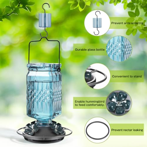 20oz Glass Hummingbird Feeder for Outdoors Hanging, Bird Nectar Feeder with 4 Bee Guard Flower-Shaped Feeding Ports & Built-in Ant Moat, for Bird Lover, Blue (2 Pack) - color: Blue 2 Pack