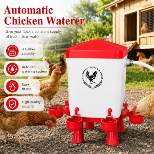 3 Gallon Chicken Waterer with 10 Chicken Water Cups, No Spill Poultry Waterer Bucket with Stand Legs, Hooks and Screws, Chicken Water Feeder for Coop, Ducks, Hens, Farm (Red, Auto-1pcs) - color: Red, size: Auto-1pcs
