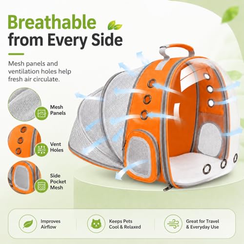 Expandable Cat Carrier Backpack with Bubble Window, Orange | Breathable mesh, anti-collapse frame, side door, safety leash and escape-resistant zippers for vet visits and outdoor travel. - color: Orange