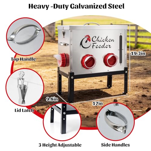 40LB Metal Chicken Feeder, Rat Proof Automatic Chicken Feeder with Visible Window & 6 Ports, Galvanized No Waste Poultry Feeder for Chickens, Ducks, Geese - size: 40 LBS