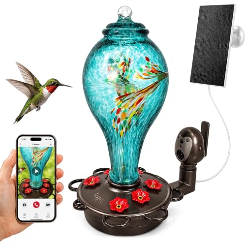 LUJII Smart Hummingbird Feeder with Camera for Outdoor Hanging, Hand Blown Glass, Solar WiFi Feeder with Live View App, 6 Feeding Ports, Leak-Resistant Design, Ant Moat & Gift Box, 36 fl oz, Teal - color: Blue, size: X-Large