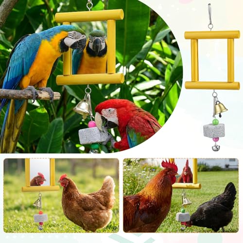 Chicken Toys for Coop, Chicken Enrichment Toys Hanging Swing Mirror with Bells and Beak Grinding Molar Stones, Chickens Mirror Toys for Coop Roosters Hens Birds Parrots(Yellow)