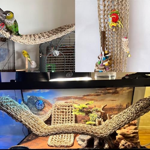 Bird Seagrass Mat 39.4×7" Long Natural Macaw Woven Net Hammock Hanging on Parrot Cage with Hooks Climbing Ladder Swing Chew Toys for Cockatoo Large Parrot Supplies - size: 39.4" × 7"