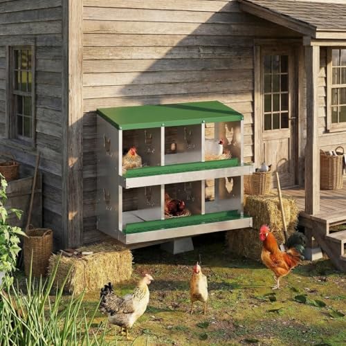 GarveeLife 6 Compartment Chicken Nesting Box, Nesting Boxes for Chickens, Metal Chicken Laying Boxes with Perch, Secure Lid, Versatile Wall Mount or Free Standing for Hens, Green - color: green, size: 6 grids