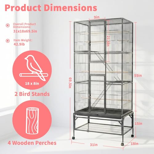 Wrought Iron Flight Cage Large Rolling Parrot Cage with Divided Breeding Function for Parrot Turtledove Oriole Cuckoo Budgie Parrotlet Comes with Slide Out Tray Lockable Door 4 Wooden Perches