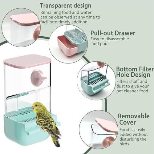 No Mess Bird Feeder Water Dispenser Set Automatic Transparent Parrot Feeder | Acrylic Parrot Food Container Drinker Cage Accessories for Small Birds Canary Parakeet Finch (Blue+Blue, 1) - color: Blue+Blue