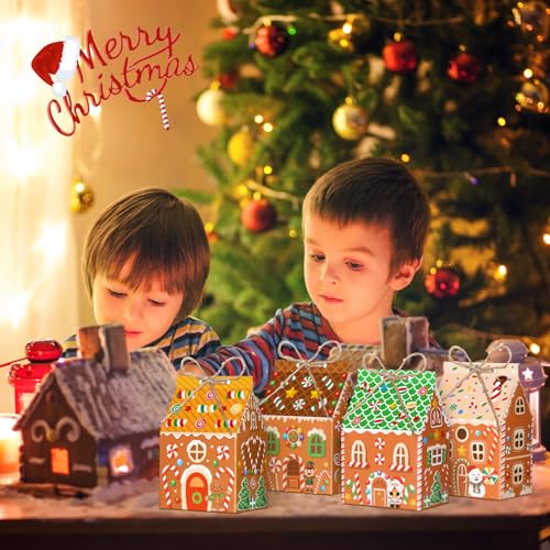 Zhanmai 48 Pcs Christmas Gingerbread House Treat Boxes Candy Containers | Paperboard with Handles, Ideal for Halloween Party Favors, Treats Packaging, Goodie Bags, Holiday Snacks, Xmas Decor - style: Gingerbread House