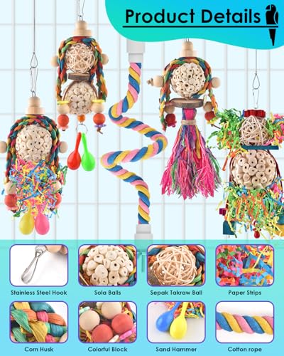 Bissap Conure Toys, 5 PCS Bird Foraging Shredder Hanging Swing Rope Perch Toys Sola Balls with Sand Hammer for Small Parrots Parakeets Conures Cockatiels Love Birds Cage Toy - size: 5 PCS