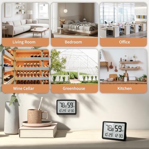 Digital Hygrometer, Humidity Meter, Temperature Monitor for Room | Calibration, Clock, 3.62 LCD, 3-Way Mount, 10s Refresh, Baby Room, Greenhouse, Guitar, CR2450 Battery, Comfort - color: Black