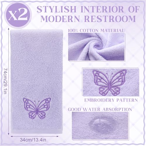 SmoothNovelty 2 Pcs Butterfly Hand Towels Purple Bathroom Decor 14x29 Inch | Embroidered Bathroom Hand Towels, 100% Cotton, Soft Absorbent, Purple Butterfly Bathroom Kitchen Decor - style: Butterfly