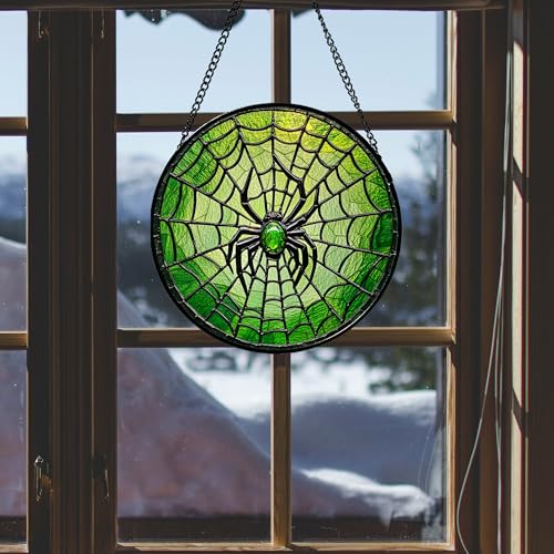 Stained Glass Window Hanging - Black Green Horror Spider Web Suncatcher for Doors Garden Patio Sun Catchers Decor Christmas Halloween Birthday Gifts for Women Men Mom Nana Friend 6.3 in - color: Green, size: 6.3x6.3 IN