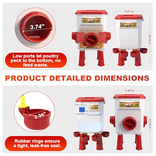 Chicken Feeder and Waterer Set, 2 Gallon Automatic Chicken Waterer with Float Valve, 26.5 Pounds Chickens Feeders No Waste with Vegetable Net & Xylophone Toy, Standing/Hanging Use for Poultry