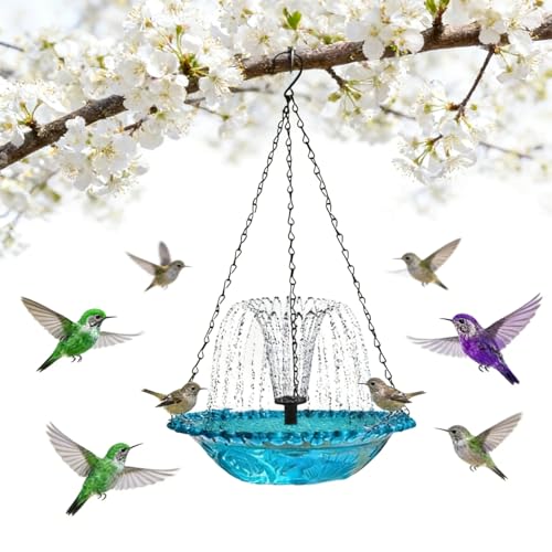 Hanging Bird Bath Fountain, Cascading Outdoor Water Fountain, Hanging Bird Bath with Flowing Water, USB-Powered Water Feature for Garden, Patio, Yard Decor, USB-Powered Single-Layer, Blue