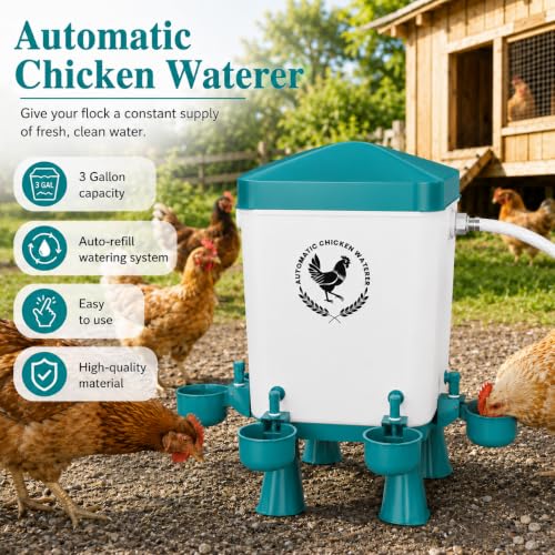 3 Gallon Chicken Waterer with 10 Chicken Water Cups, No Spill Poultry Waterer Bucket with Stand Legs, Hooks and Screws, Chicken Water Feeder for Coop, Ducks, Hens, Farm (Blue, Auto-1pcs) - color: Blue, size: Auto-1pcs