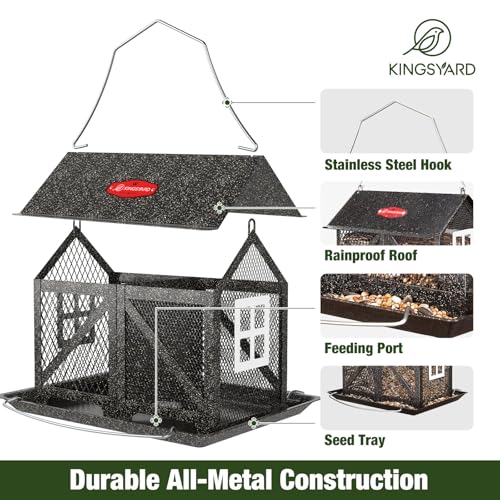 Kingsyard Metal Bird Feeder for Outdoors Hanging, 2-in-1 Wild Bird Feeder with Seed Tray & Built-in Perch, 5 lb Large Capacity for Cardinal Chickadee Finch, Black