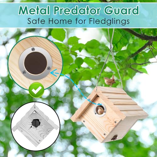 Dreyoo 2 Pack Wren House, 1-1/8'' Entrance Hole Hanging Wooden Wren Bird Houses for Outside with Metal Guard, Air Vents, Pine Wood for Chickadees (Wood Color) - color: Wood Color