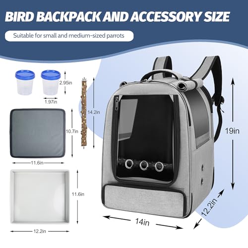 Bird Backpack Carrier,Bird Travel cage Backpack with Tray and Standing Perch,Feeding Tank,Waterproof pad,Used for Parakeets,hornbirds,Lovebirds,Small and Medium-Sized Bird - color: Grey