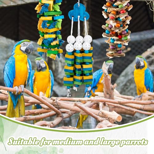 Seenelling 3 Pcs Extra Large Bird Toys for Parrots, Blue Block | Multicolored Natural Wooden Blocks & Beads Bells, Bird Cage Chewing Toys for Large Medium Macaws African Grey Cockatoos - style: Blue Block