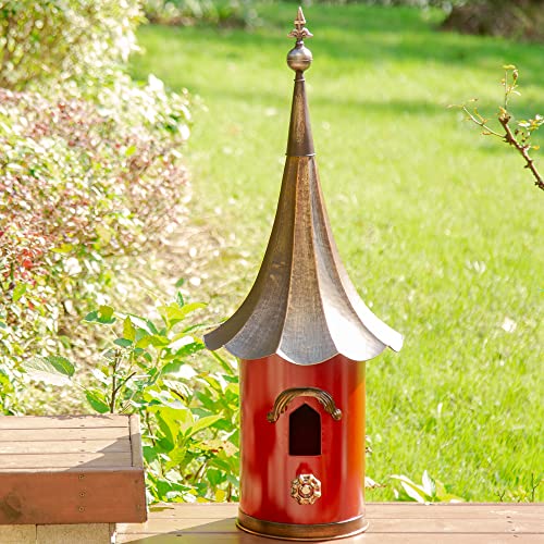 Glitzhome 32”H Metal Hanging Birdhouse for Outdoors Oversized Farmhouse Pagoda Painted Bird House with Bronze Roof for Bluebird Wren Chickadee Sparrow Bird Nest Box for Garden Patio, Retro Red - color: Retro Red